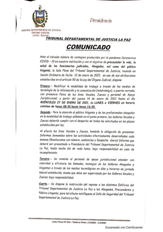 Tribunal de Jusitica de La Paz dispone teletrabajo y cierre de sus predios al público