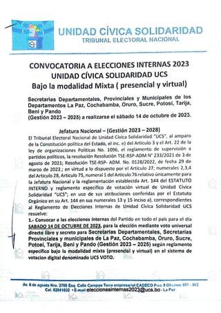 CONVOCATORIA A ELECCIONES INTERNAS DEPARTAMENTALES, PROVINCIALES Y MUNICIPALES 2023