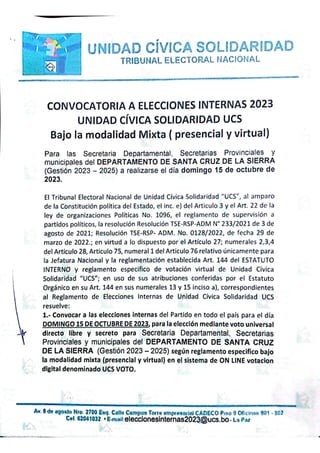 CONVOCATORIA A ELECCIONES INTERNAS 2023 SECRETARIA DEPARTAMENTAL, SECRETARIAS PROVINCIALES Y MUNICIPALES DEL DEPARTAMENTO DE SANTA CRUZ