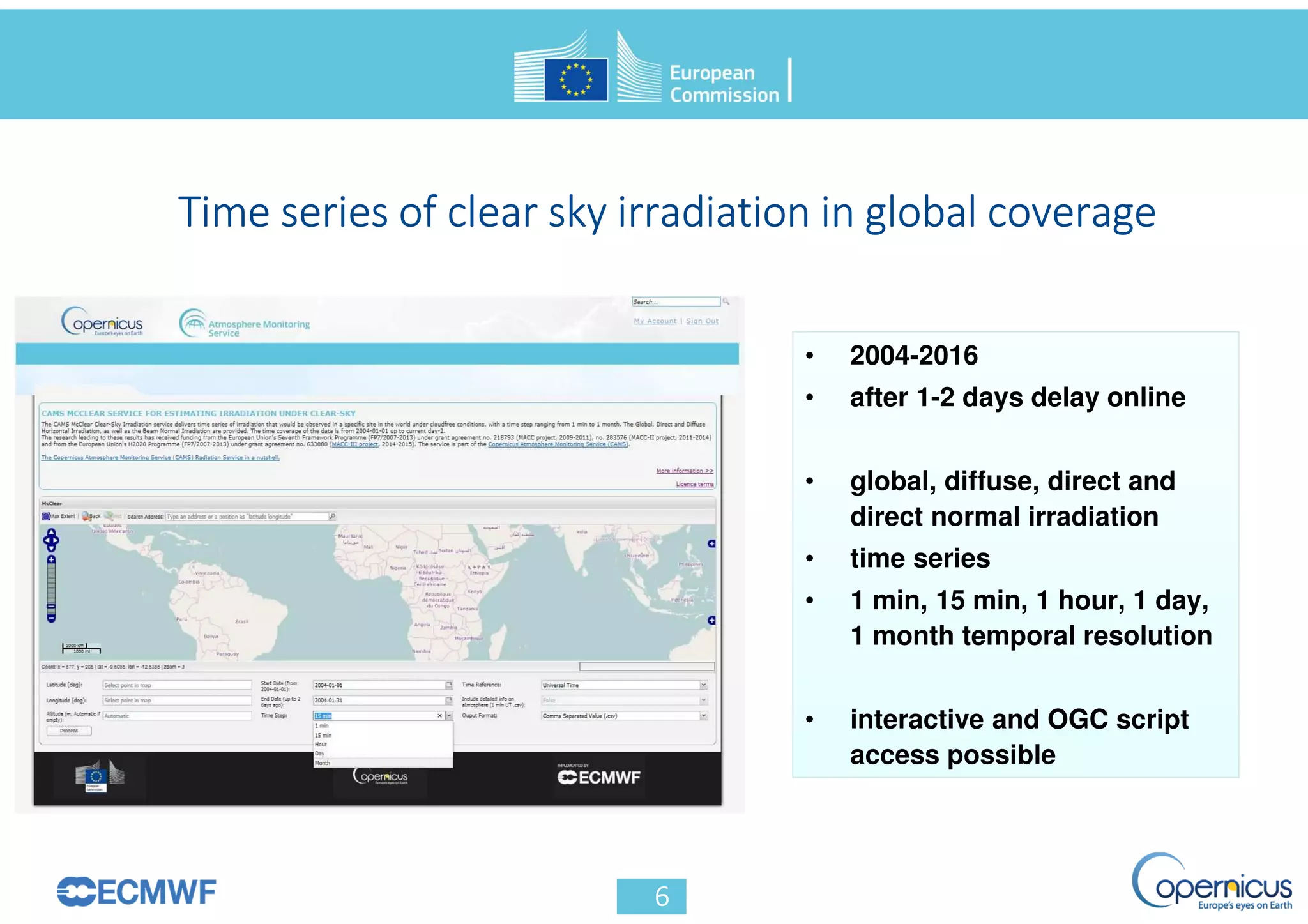 • 2004-2016
• after 1-2 days delay online
• global, diffuse, direct and
direct normal irradiation
• time series
• 1 min, 15 min, 1 hour, 1 day,
1 month temporal resolution
• interactive and OGC script
access possible
 
