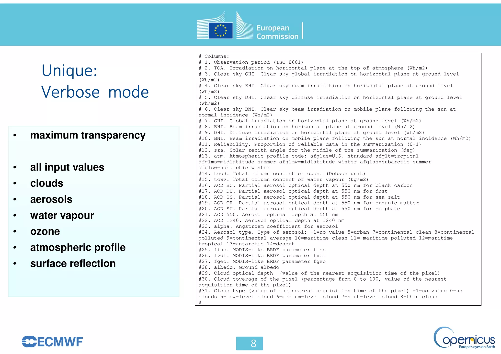 # Columns:
# 1. Observation period (ISO 8601)
# 2. TOA. Irradiation on horizontal plane at the top of atmosphere (Wh/m2)
# 3. Clear sky GHI. Clear sky global irradiation on horizontal plane at ground level
(Wh/m2)
# 4. Clear sky BHI. Clear sky beam irradiation on horizontal plane at ground level
(Wh/m2)
# 5. Clear sky DHI. Clear sky diffuse irradiation on horizontal plane at ground level
(Wh/m2)
# 6. Clear sky BNI. Clear sky beam irradiation on mobile plane following the sun at
normal incidence (Wh/m2)
# 7. GHI. Global irradiation on horizontal plane at ground level (Wh/m2)
# 8. BHI. Beam irradiation on horizontal plane at ground level (Wh/m2)
# 9. DHI. Diffuse irradiation on horizontal plane at ground level (Wh/m2)
#10. BNI. Beam irradiation on mobile plane following the sun at normal incidence (Wh/m2)
#11. Reliability. Proportion of reliable data in the summarization (0-1)
#12. sza. Solar zenith angle for the middle of the summarization (deg)
#13. atm. Atmospheric profile code: afglus=U.S. standard afglt=tropical
afglms=midlatitude summer afglmw=midlatitude winter afglss=subarctic summer
afglsw=subarctic winter
#14. tco3. Total column content of ozone (Dobson unit)
#15. tcwv. Total column content of water vapour (kg/m2)
#16. AOD BC. Partial aerosol optical depth at 550 nm for black carbon
#17. AOD DU. Partial aerosol optical depth at 550 nm for dust
#18. AOD SS. Partial aerosol optical depth at 550 nm for sea salt
#19. AOD OR. Partial aerosol optical depth at 550 nm for organic matter
#20. AOD SU. Partial aerosol optical depth at 550 nm for sulphate
#21. AOD 550. Aerosol optical depth at 550 nm
#22. AOD 1240. Aerosol optical depth at 1240 nm
#23. alpha. Angstroem coefficient for aerosol
#24. Aerosol type. Type of aerosol: -1=no value 5=urban 7=continental clean 8=continental
polluted 9=continental average 10=maritime clean 11= maritime polluted 12=maritime
tropical 13=antarctic 14=desert
#25. fiso. MODIS-like BRDF parameter fiso
#26. fvol. MODIS-like BRDF parameter fvol
#27. fgeo. MODIS-like BRDF parameter fgeo
#28. albedo. Ground albedo
#29. Cloud optical depth (value of the nearest acquisition time of the pixel)
#30. Cloud coverage of the pixel (percentage from 0 to 100, value of the nearest
acquisition time of the pixel)
#31. Cloud type (value of the nearest acquisition time of the pixel) -1=no value 0=no
clouds 5=low-level cloud 6=medium-level cloud 7=high-level cloud 8=thin cloud
#
• maximum transparency
• all input values
• clouds
• aerosols
• water vapour
• ozone
• atmospheric profile
• surface reflection
 