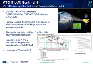 CAMS General Assembly, Athens 14 June 2016 19
• Sentinel-4 has heritage from the
GOME/SCIAMACHY/GOME-2/OMI series of
instruments
• Primary focus is the monitoring of air quality in
the European domain with high spatial and
temporal resolution
• The spatial resolution will be ~ 8 x 8 km with
hourly temporal resolution
• Sentinel-4 level 1 and 2
products will be produced
operationally by EUMETSAT
• Launch of MTG-S 2021/22
MTG-S UVN Sentinel-4
UV-NIR hyper spectral instrument from geostationary orbit
 