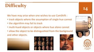 Difficulty 3 
We have may arise when one wishes to use CamShift : 
• track objects where the assumption of single hue cannot 
• the algorithm may fail to track 
• multi-hued objects or objects where hue alone cannot 
• allow the object to be distinguished from the background 
and other objects. 
 