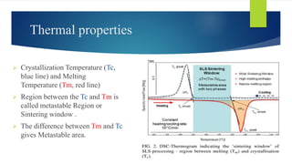 Thermal properties
 Crystallization Temperature (Tc,
blue line) and Melting
Temperature (Tm, red line)
 Region between the Tc and Tm is
called metastable Region or
Sintering window .
 The difference between Tm and Tc
gives Metastable area.
 