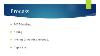 Process
 3-D Modelling.
 Slicing.
 Printing (depositing material).
 Inspection.
 