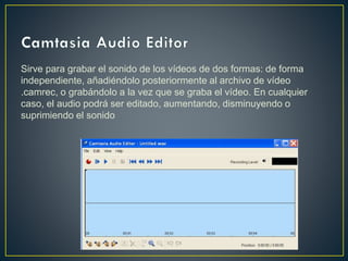Sirve para grabar el sonido de los vídeos de dos formas: de forma
independiente, añadiéndolo posteriormente al archivo de vídeo
.camrec, o grabándolo a la vez que se graba el vídeo. En cualquier
caso, el audio podrá ser editado, aumentando, disminuyendo o
suprimiendo el sonido

 
