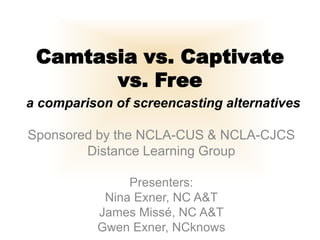 Camtasia vs. Captivate
       vs. Free
a comparison of screencasting alternatives

Sponsored by the NCLA-CUS & NCLA-CJCS
        Distance Learning Group

               Presenters:
           Nina Exner, NC A&T
          James Missé, NC A&T
          Gwen Exner, NCknows
 