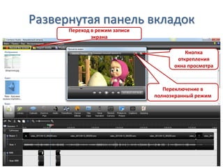 Развернутая панель вкладок
Переключение в
полноэкранный режим
Кнопка
открепления
окна просмотра
Переход в режим записи
экрана
 