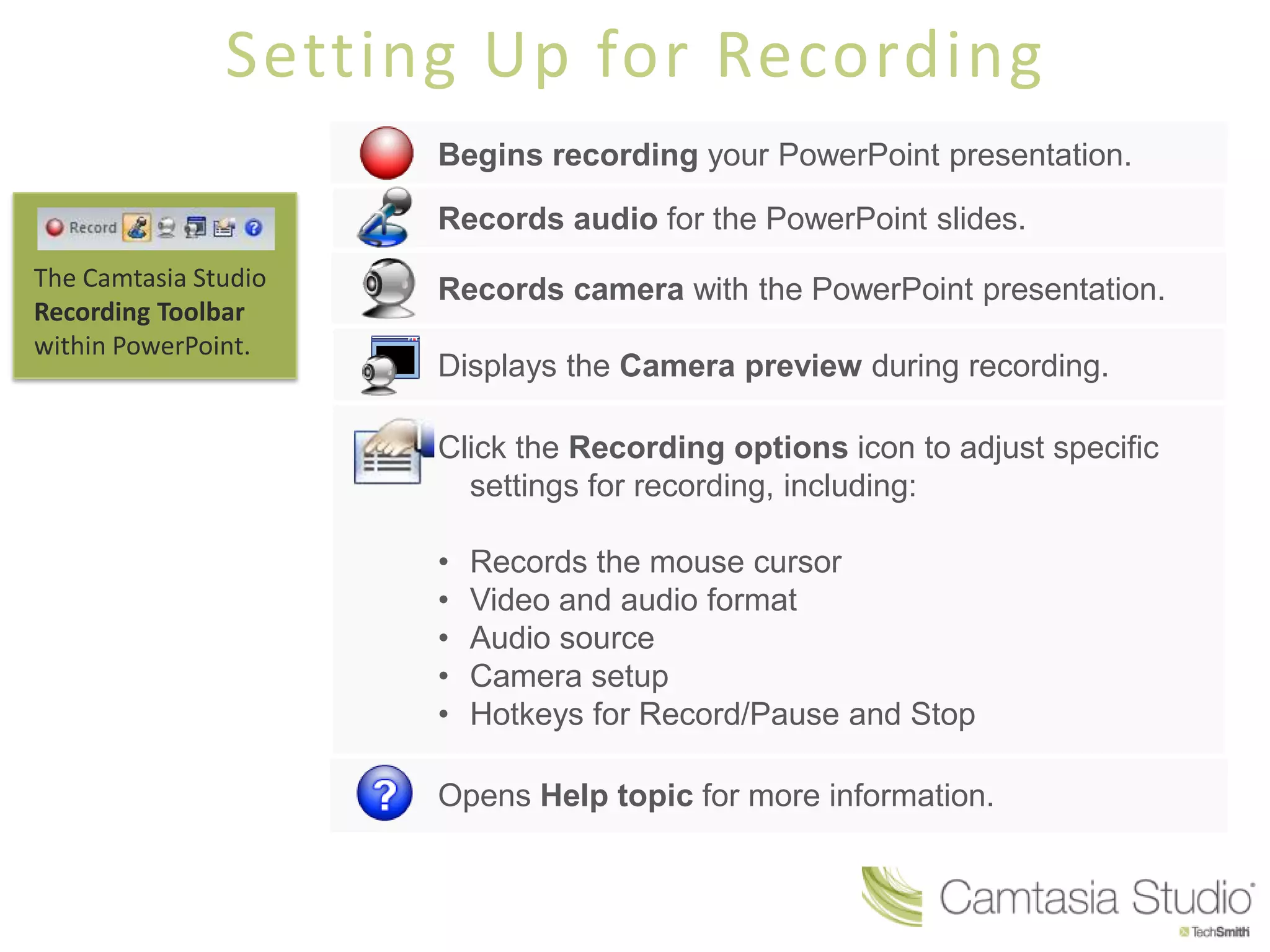 Setting Up for RecordingThe Camtasia Studio Recording Toolbar within PowerPoint.