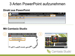 3 Arten PowerPoint aufzunehmen
Direkt aus PowerPoint




Mit Camtasia Studio
 