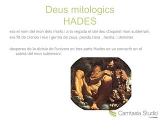 Deus mitologics
                       HADES
era el nom del mon dels morts i a la vegada el del deu d'aquest mon subterrani.
era fill de cronos i rea i germa de zeus, pesido,hera , hestia, i demeter.

desperes de la divisio de l'univers en tres parts Hades es va convertir en el
   sobirà del mon subterrani
 