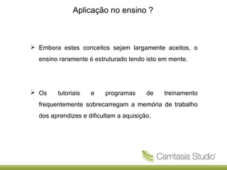 Aplicação no ensino ?

 Embora estes conceitos sejam largamente aceitos, o
ensino raramente é estruturado tendo isto em mente.

 Os

tutoriais

e

programas

de

treinamento

frequentemente sobrecarregam a memória de trabalho
dos aprendizes e dificultam a aquisição.

 