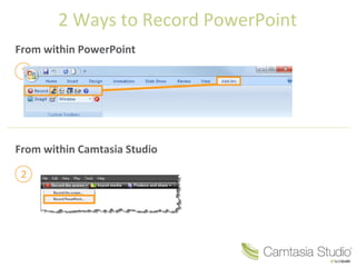 2 Ways to Record PowerPoint 
From within PowerPoint 
From within Camtasia Studio 
 