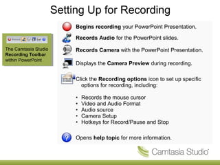 Setting Up for Recording 
Begins recording your PowerPoint Presentation. 
Records Audio for the PowerPoint slides. 
Records Camera with the PowerPoint Presentation. 
Displays the Camera Preview during recording. 
Click the Recording options icon to set up specific 
options for recording, including: 
• Records the mouse cursor 
• Video and Audio Format 
• Audio source 
• Camera Setup 
• Hotkeys for Record/Pause and Stop 
Opens help topic for more information. 
The Camtasia Studio 
Recording Toolbar 
within PowerPoint 
 