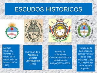 ESCUDOS HISTORICOS
Manuel
Belgrano,
durante la
época de la
Revolución de
Mayo (1810—
1812)
Impresión de la
Asamblea
General
Constituyente
(1813)
Escudo de
la Provincia
Oriental diseñado por
José Gervasio
Artigas(1815—1829)
Escudo de la
Comandancia
política y militar
de las Islas
Malvinas (1829
—1833) basado
en el escudo
Argentino.
 