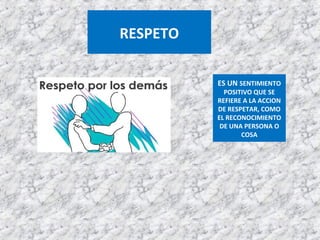 RESPETO
ES UN SENTIMIENTO
POSITIVO QUE SE
REFIERE A LA ACCION
DE RESPETAR, COMO
EL RECONOCIMIENTO
DE UNA PERSONA O
COSA
 
