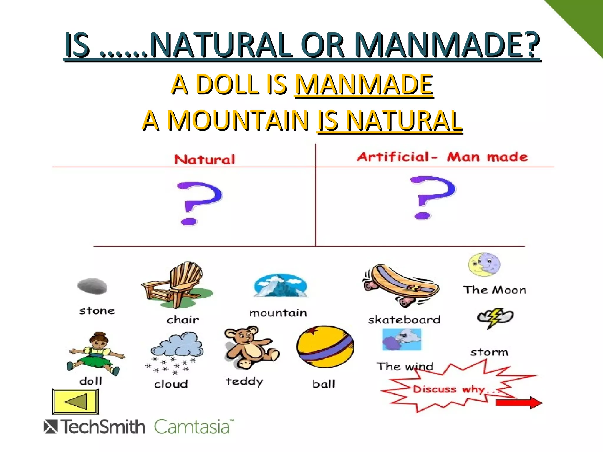 IS ……NATURAL OR MANMADE?IS ……NATURAL OR MANMADE?
A DOLL ISA DOLL IS MANMADEMANMADE
A MOUNTAINA MOUNTAIN IS NATURALIS NATURAL