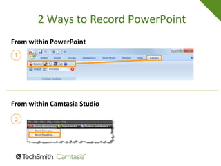 2 Ways to Record PowerPoint
From within PowerPoint
From within Camtasia Studio
 