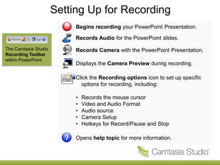 Setting Up for Recording
                           Begins recording your PowerPoint Presentation.

                           Records Audio for the PowerPoint slides.
The Camtasia Studio        Records Camera with the PowerPoint Presentation.
Recording Toolbar
within PowerPoint
                           Displays the Camera Preview during recording.

                           Click the Recording options icon to set up specific
                             options for recording, including:

                           •   Records the mouse cursor
                           •   Video and Audio Format
                           •   Audio source
                           •   Camera Setup
                           •   Hotkeys for Record/Pause and Stop

                           Opens help topic for more information.
 