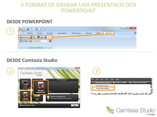 3 FORMAS DE GRABAR UNA PRESENTACN DEN
                  POWERPOINT
DESDE POWERPOINT




DESDE Camtasia Studio
 