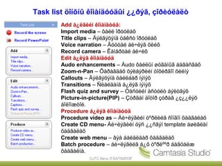 Task list öîíõíû êîìàíäóóäûí ¿¿ðýã, çîðèóëàëò
        Add á¿ëãèéí êîìàíäóóä:
        Import media – ôàéë îðóóëàõ
        Title clips – Äýëãýöýíä òåêñò îðóóëàõ
        Voice narration – Äóóòàé áè÷ëýã õèéõ
        Record camera – Êàìåðòàé áè÷èõ
        Edit á¿ëýã êîìàíäóóä
        Audo enhancements – Àudo ôàéëûí øóãàìûã áàãàñãàõ
        Zoom-n-Pan – Õàðàãäàõ õýëáýðèéí òîõèðãîî õèéíý
        Callouts – Äýëãýöýíä òàéëáàð íýìýõ
        Transitions – Ñëàéäàíä á¿ëýã íýìýõ
        Flash quiz and survey – Òåñòèéí àñóóëò áýëòãýõ
        Picture-in-picture(PIP) – Çóðãàí äîòîð çóðàã ¿ç¿¿ëýõ
        áîëîìæòîé.
        Procedure á¿ëýã êîìàíäóóä
        Procedure video as – Áè÷ëýãèéí òºðëèéã ñîíãîí õàäãàëàõ
        Create CD menu- Áè÷ëýãèéí öýñ ¿¿ñãýí template àøèãëàí
        õàäãàëàõ
        Create web menu – âýá áàéäëààð õàäãàëàõ
        Batch procedure – áè÷ëýãèéã á¿õ òºðëººð áàãöàëæ
        õàäãàëíà.
                  СүТС багш Л.БАТБИЛЭГ
 