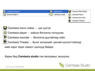  Camtasia menu maker - цэс үүсгэх
 Camtasia player - хийсэн бичлэгээ тоглуулах
 Camtasia recorder - бичлэгээ дуутайгаар хийх
 Camtasia Theater - бүлэг хичээлийг цэсний сонголттойгоор
хийх зэрэг зэрэг нэмэлт цэснүүд байдаг.


Харин бид Camtasia studio гэж програмыг эхлүүлнэ.


СүТС багш Л.БАТБИЛЭГ
 