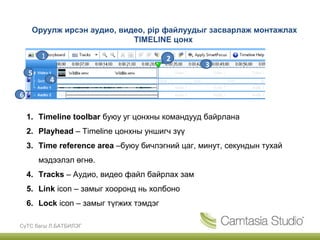 Оруулж ирсэн аудио, видео, pip файлуудыг засварлаж монтажлах
                            TIMELINE цонх

        1                                2
                                                 3
    5
            4
6

    1. Timeline toolbar буюу уг цонхны командууд байрлана
    2. Playhead – Timeline цонхны уншигч зүү
    3. Time reference area –буюу бичлэгний цаг, минут, секундын тухай
        мэдээлэл өгнө.
    4. Tracks – Аудио, видео файл байрлах зам
    5. Link icon – замыг хооронд нь холбоно
    6. Lock icon – замыг түгжих тэмдэг

СүТС багш Л.БАТБИЛЭГ
 