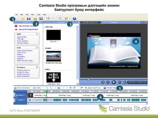 Camtasia Studio програмын дэлгэцийн зохион
                            байгуулалт буюу интерфейс

 1
                2                  3



                                                                 4




                                                             5

                                                   6


СүТС багш Л.БАТБИЛЭГ
 