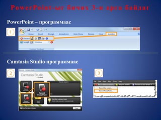 PowerPoint-ыг бичих 3-н арга байдаг
PowerPoint – программаас
Camtasia Studio программаас
 