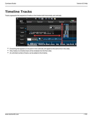 Camtasia Studio Version 8.5 Help
www.techsmith.com - 118 -
Timeline Tracks
Tracks represents the sequence of media on the timeline both horizontally and vertically.
Everything that appears at one point in time vertically will appear at the same time in the video.
Only media on a timeline track will be rendered into the final video.
An unlimited number of tracks can be added to the timeline.
 