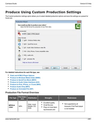 Camtasia Studio Version 8.5 Help
www.techsmith.com - 245 -
Produce Using Custom Production Settings
The Custom production settings option allows you to select detailed production options and save the settings as a preset for
future use.
For detailed instructions for each file type, see:
Flash and HTML5 Player Options
Produce to Windows Media Video (WMV)
Produce to QuickTime Movie (MOV)
Produce to Audio Video Interleave (AVI)
Produce to iPod, iPhone, or iTunes (M4V)
Produce Audio Only (MP3)
Produce an Animated File (GIF)
Production File Format Overview
File Type
File Exten-
sion
Distribution Strengths Weaknesses
MPEG-4
video
MP4
Web, Local,
Mobile, CD,
DVD
Excellent quality
Small file size
Plays on most desk-
top browsers and
Not supported by all
browsers if the Flash player
is not installed
 