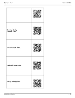 Camtasia Studio Version 8.5 Help
www.techsmith.com - 313 -
Zooming: Quality
Concepts Video
Canvas In-Depth Video
Timeline In-Depth Video
Editing: In-Depth Video
 