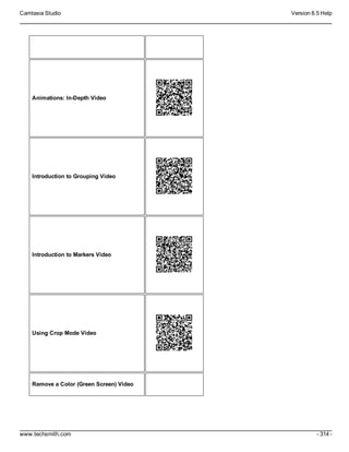 Camtasia Studio Version 8.5 Help
www.techsmith.com - 314 -
Animations: In-Depth Video
Introduction to Grouping Video
Introduction to Markers Video
Using Crop Mode Video
Remove a Color (Green Screen) Video
 