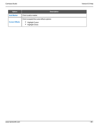 Camtasia Studio Version 8.5 Help
www.techsmith.com - 45 -
Option Description
Add Marker Click to add a marker.
Cursor Effects
Click to expand the cursor effects options:
Highlight Cursor
Highlight Clicks
 