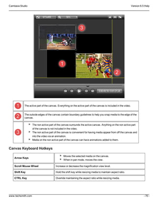Camtasia Studio Version 8.5 Help
www.techsmith.com - 70 -
The active part of the canvas. Everything on the active part of the canvas is included in the video.
The outside edges of the canvas contain boundary guidelines to help you snap media to the edge of the
canvas.
The non active part of the canvas surrounds the active canvas. Anything on the non active part
of the canvas is not included in the video.
The non active part of the canvas is convenient for having media appear from off the canvas and
into the video via an animation.
Media on the non active part of the canvas can have animations added to them.
Canvas Keyboard Hotkeys
Arrow Keys
Moves the selected media on the canvas.
When in pan mode, moves the view.
Scroll Mouse Wheel Increase or decrease the magnification view level.
Shift Key Hold the shift key while resizing media to maintain aspect ratio.
CTRL Key Override maintaining the aspect ratio while resizing media.
 