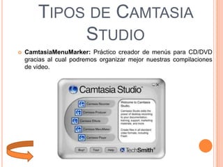 TIPOS DE CAMTASIA
STUDIO


CamtasiaMenuMarker: Práctico creador de menús para CD/DVD
gracias al cual podremos organizar mejor nuestras compilaciones
de video.

 