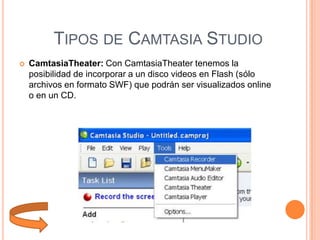 TIPOS DE CAMTASIA STUDIO


CamtasiaTheater: Con CamtasiaTheater tenemos la
posibilidad de incorporar a un disco videos en Flash (sólo
archivos en formato SWF) que podrán ser visualizados online
o en un CD.

 