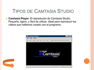 TIPOS DE CAMTASIA STUDIO


Camtasia Player: El reproductor de Camtasia Studio.
Pequeño, ligero, y fácil de utilizar. Ideal para reproducir los
videos que hallamos creado con el programa.

 