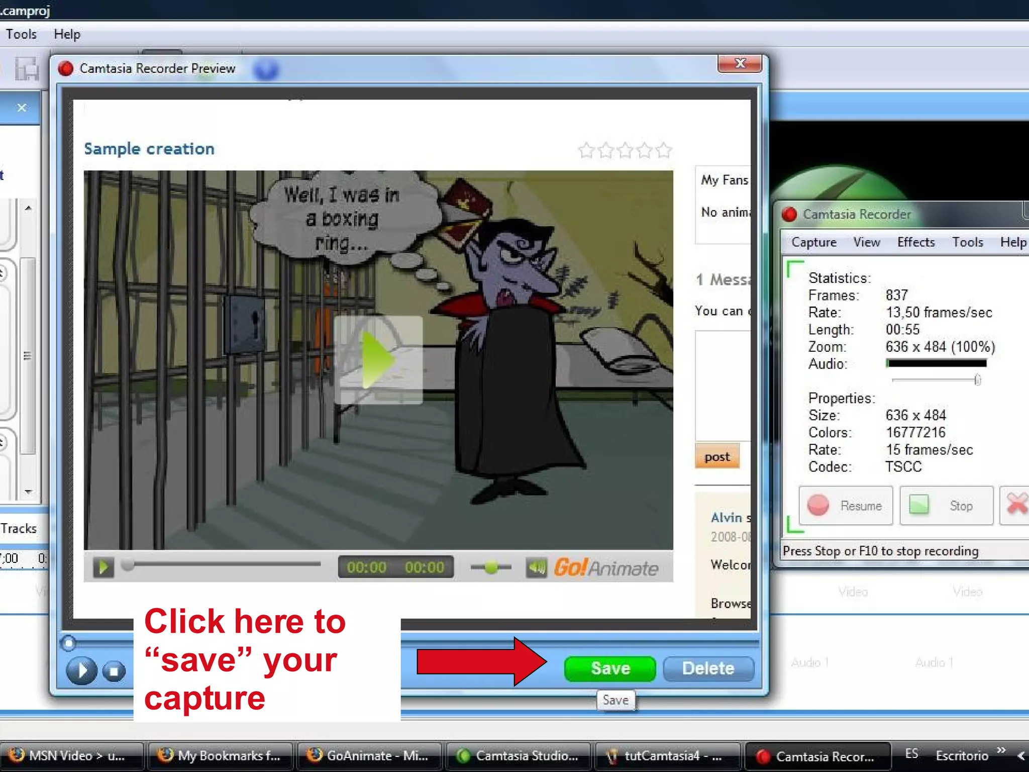 Recording in process, click on stop to interrupt it. Click here to “save” your capture