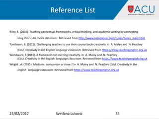 Reference List
Riley, K. (2010). Teaching conceptual frameworks, critical thinking, and academic writing by connecting
song chorus to thesis statement. Retrieved from http://www.corndancer.com/tunes/tunes_main.html
Tomlinson, B. (2015). Challenging teaches to use their course book creatively. In A. Maley and N. Peachey
(Eds). Creativity in the English language classroom. Retrieved from https://www.teachingenglish.org.uk
Woodward, T.(2015). A framework for learning creativity. In A. Maley and N. Peachey
(Eds). Creativity in the English language classroom. Retrieved from https://www.teachingenglish.org.uk
Wright , A. (2015). Medium : companion or slave ?.In A. Maley and N. Peachey (Eds). Creativity in the
English language classroom. Retrieved from https://www.teachingenglish.org.uk
25/02/2017 33Svetlana Lukovic
 
