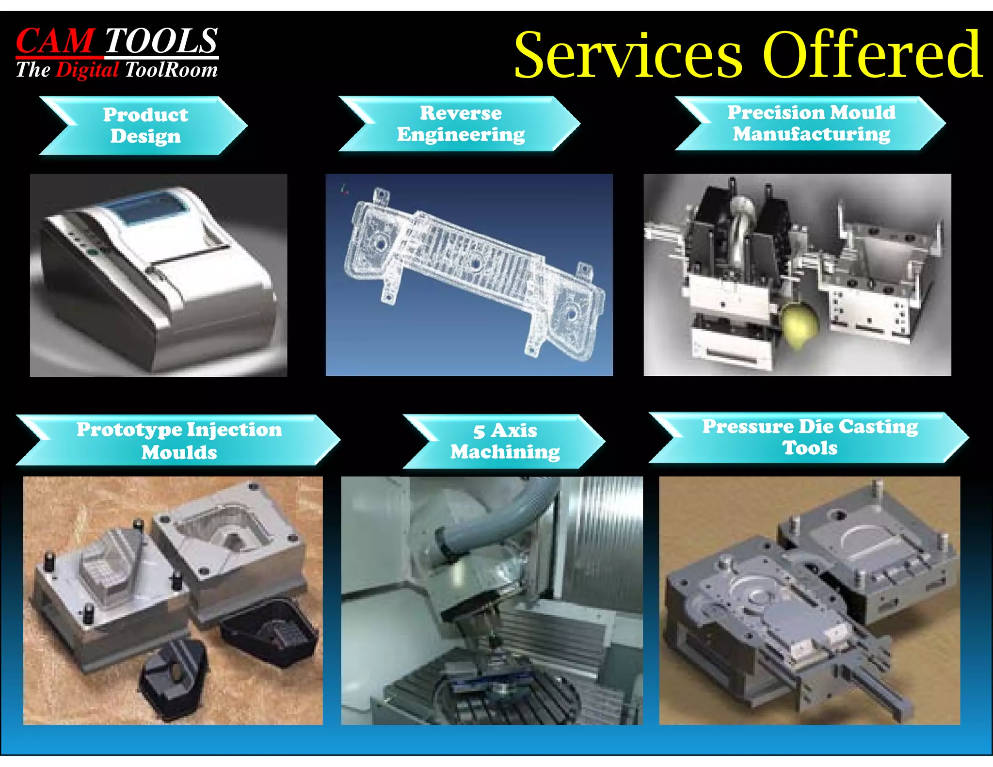 CAM TOOLS
The Digital ToolRoom                Services Offered
        Product              Reverse         Precision Mould
         Design            Engineering       Manufacturing




     Prototype Injection        5 Axis     Pressure Die Casting
           Moulds              Machining          Tools
 