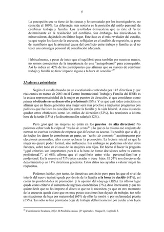 5
La percepción que se tiene de las causas y lo constatado por los investigadores, no
coincide al 100%. La diferencia más notoria es la posición del estilo personal de
combinar trabajo y familia. Los resultados demuestran que es éste el factor
determinante en la resolución del conflicto. Sin embargo, los encuestados lo
minusvaloran, dejándolo en último lugar. Este dato es el más revelador del estudio,
ya que según los datos de la encuesta, reflejados en el análisis de regresión, se pone
de manifiesto que la principal causa del conflicto entre trabajo y familia es el no
tener una estrategia personal de conciliación adecuada.
Habitualmente, a pesar de intuir que el equilibrio pasa también por nuestras manos,
no somos conscientes de la importancia de este “autogobierno” para conseguirlo.
Así lo indica un 42% de los participantes que afirman que su manera de combinar
trabajo y familia no tiene impacto alguno a la hora de conciliar.20
3.Valores y prioridades
Según el estudio basado en un cuestionario contestado por 145 directivas y que
realizamos en marzo de 2003 en el Centro Internacional Trabajo y Familia del IESE; es
la escasa representatividad de la mujer en puestos de dirección, el que consideran como
primer obstáculo en su desarrollo profesional (68%). Y es que casi todas coinciden en
afirmar que en líneas generales una mujer será más proclive a implantar programas con
políticas que faciliten la conciliación entre la familia y la vida laboral. A más distancia
quedan otros obstáculos como los estilos de dirección (32%), las reuniones a última
hora de la tarde (13%) y la discriminación salarial (12%).
Pero ¿por qué las mujeres no están en los puestos de alta dirección? No
podemos echar toda la culpa al “techo de cristal” o lo que es lo mismo ese conjunto de
normas no escritas o cultura de empresa que dificultan su acceso. Es posible que se dé, y
de hecho los datos lo corroboran en parte, un “techo de cemento” autoimpuesto por
elecciones personales, tales como rechazar la promoción. La lectura inicial es que la
mujer no quiere poder formal, sino influencia. Sin embargo no podemos olvidar otros
factores, sobre todo en el caso de las mujeres con hijos. De hecho al hacer la pregunta
“¿qué criterios son importantes para ti a la hora de tomar decisiones sobre tu carrera
profesional?”, el 68% afirma que el equilibrio entre vida personal/familiar y
profesional. En la muestra el 71% están casadas y tiene hijos. El 53% son directoras de
departamento y un 18% directoras generales. Estos datos nos ayudan a valorar mejor las
respuestas.
Podemos hablar, por tanto, de directivas con éxito pero para las que el nivel de
interés del nuevo trabajo queda por detrás de la familia a la hora de decidir (41%), así
como las posibilidades de promoción y la opinión del cónyuge (18%). En último lugar
queda como criterio el aumento de ingresos económicos (7%), dato interesante y que no
quiere decir que no les importe el dinero o que no lo necesiten, ya que en otro momento
de la encuesta queda claro que en muy pocas ocasiones han dejado de trabajar, tan sólo
en situaciones de baja por maternidad (65% de ellas la tomó) o por enfermedad propia
(65%). Tan sólo se han planteado dejar de trabajar definitivamente por cuidar a los hijos
20
Cuestionario Ecadues, 2002, II.Posibles causas. (6º apartado). Bloque II, Capítulo 3.
 