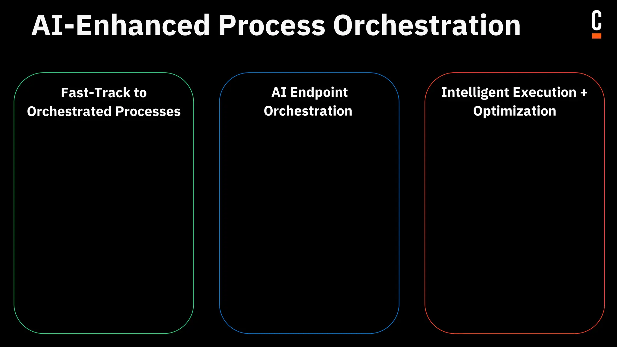 AI-Enhanced Process Orchestration
Fast-Track to
Orchestrated Processes
● Enable more users to
build faster and
better process
orchestration.
● Boost productivity in
Business and IT
● Use of assistive
AI/LLM features
AI Endpoint
Orchestration
● Bring AI to the
complete E2E
process.
● Eliminate AI silos
Intelligent Execution +
Optimization
● Leverage all the data
collected to optimize
and improve your
existing processes.
● Uncovering hidden
value
● Drive continuous
improvements
 