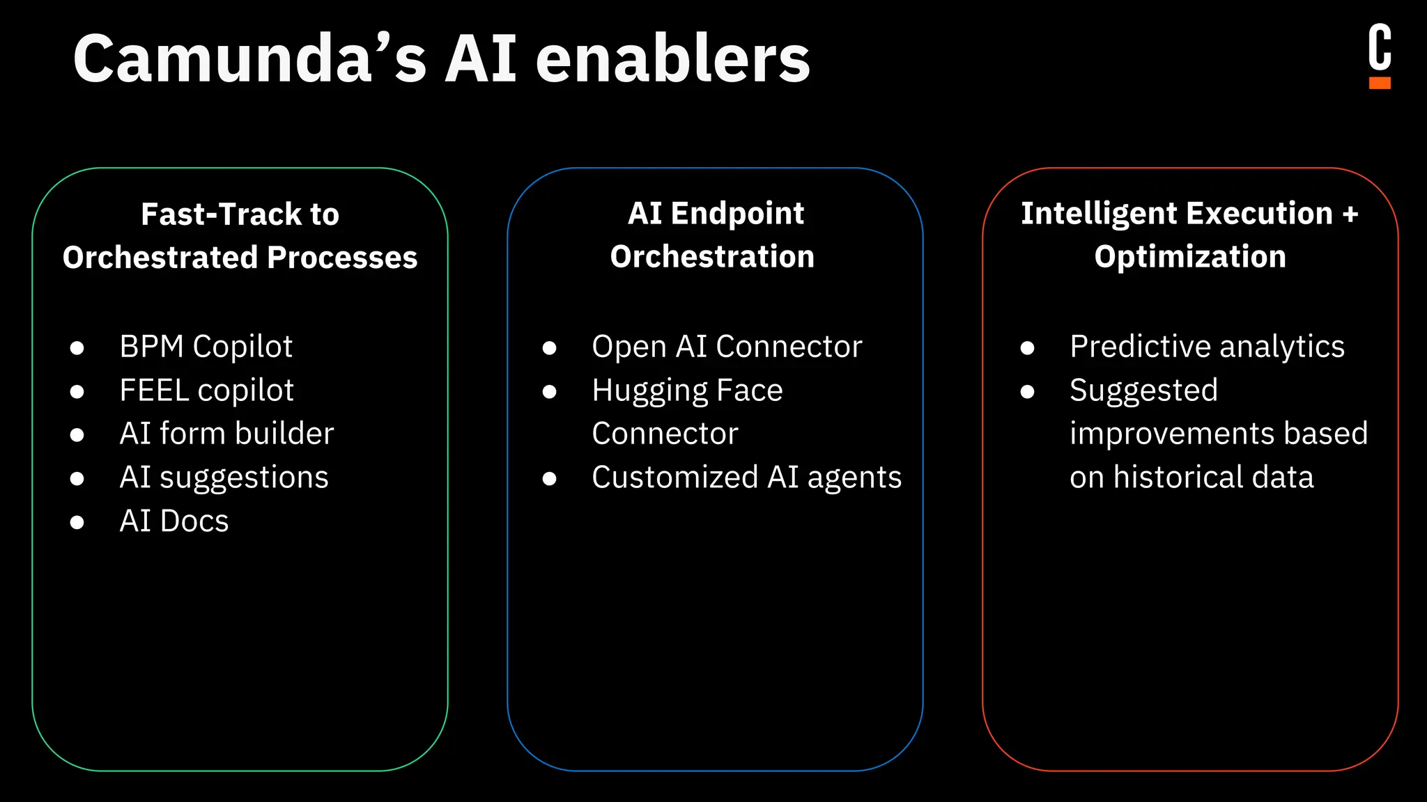 Camunda’s AI enablers
Fast-Track to
Orchestrated Processes
● BPM Copilot
● FEEL copilot
● AI form builder
● AI suggestions
● AI Docs
AI Endpoint
Orchestration
● Open AI Connector
● Hugging Face
Connector
● Customized AI agents
Intelligent Execution +
Optimization
● Predictive analytics
● Suggested
improvements based
on historical data
 