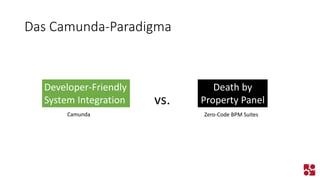 Das Camunda-Paradigma 
Developer-Friendly 
System Integration 
Death by Property Panel 
vs. 
Camunda 
Zero-Code BPM Suites  
