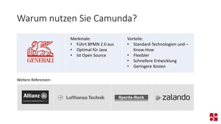 Warum nutzen Sie Camunda? 
Merkmale: 
•Führt BPMN 2.0 aus 
•Optimal für Java 
•Ist Open Source 
Vorteile: 
•Standard-Technologien und – Know-How 
•Flexibler 
•Schnellere Entwicklung 
•Geringere Kosten 
Weitere Referenzen:  
