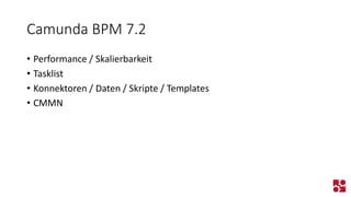 Camunda BPM 7.2 
•Performance / Skalierbarkeit 
•Tasklist 
•Konnektoren / Daten / Skripte / Templates 
•CMMN  