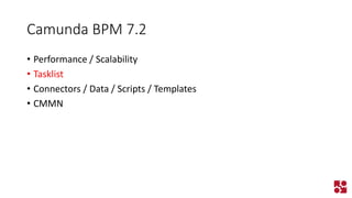 Camunda BPM 7.2 
•Performance / Scalability 
•Tasklist 
•Connectors / Data / Scripts / Templates 
•CMMN  