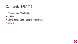 Camunda BPM 7.2 
•Performance / Scalability 
•Tasklist 
•Connectors / Data / Scripts / Templates 
•CMMN  
