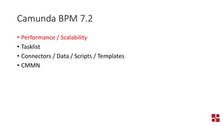 Camunda BPM 7.2 
•Performance / Scalability 
•Tasklist 
•Connectors / Data / Scripts / Templates 
•CMMN  